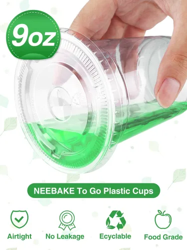 Miniatura 3 de NEEBAKE 150 Juegos de Vasos de Plástico Desechables de 9 oz con Tapas - Vasos Transparentes para Beber, Vasos de Plástico para Café Helado, Batidos