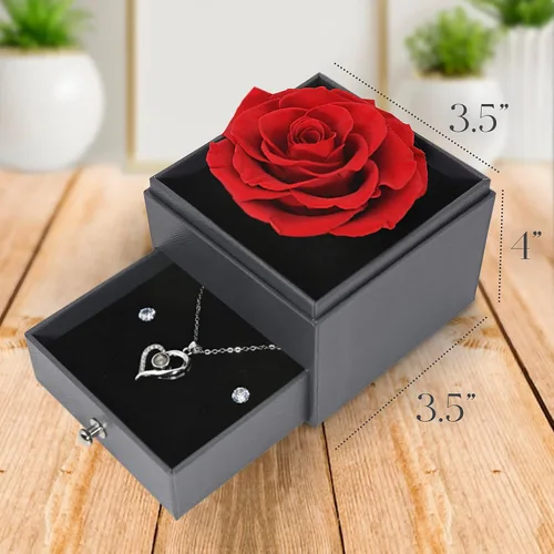 Miniatura 7 de GLAMOUR BOUTIQUE Preserved Rose in a Box with I Love You Necklace in 100 Languages - Enchanted Flower Jewelry Set with Silver Stud Earrings Gifts