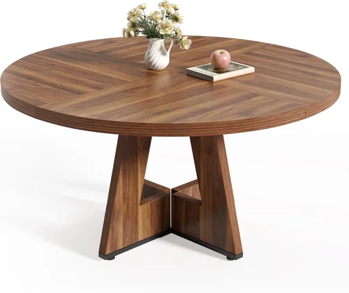 LITTLE TREE Mesa de comedor redonda para 4-6 personas, mesa de comedor de 47 pulgadas con base de pedestal de madera, mesas de comedor marrones,
