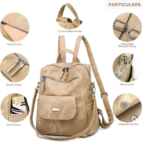 Miniatura 3 de Mochila de cuero para mujer, mochila de viaje de moda vintage, Caqui, Mochilas de viaje
