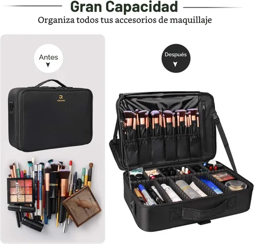 Miniatura 3 de Travelmall Estuche profesional organizador de maquillaje de 3 niveles, tamaño grande con hombro ajustable para brochas de maquillaje, herramientas