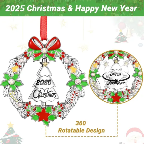Miniatura 2 de Adorno de Navidad 2025, decoración para árbol de Navidad, corona de Navidad de metal con árbol giratorio fechado 2025, adornos plateados brillantes