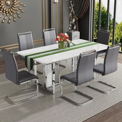 Miniatura 10 de Juego de mesa de comedor moderno de 67 pulgadas para 6, juego de mesa de cocina blanca, juego de mesa de comedor de lujo con mesa de mármol