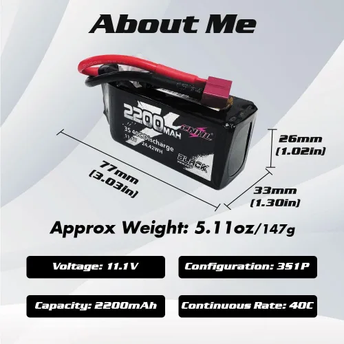 Miniatura 3 de CNHL Batería Lipo de 2200 mAh 3S 40C 11.1V Batería lipo corta con enchufe en T para avión a control remoto, coche, vehículos RC, barco, dron, FPV