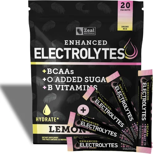 Miniatura 15 de Paquetes de electrolitos mejorados en polvo (fresa y kiwi 20 paquetes) con 0 azúcar+BCAA + suplemento de electrolitos de vitaminas B con zinc