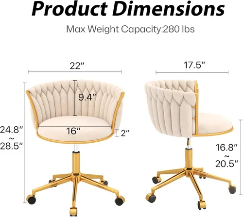 Miniatura 2 de HENGJIANYI - Silla de oficina tejida de terciopelo para el hogar, silla de escritorio giratoria moderna con ruedas, silla de tocador de altura Beige