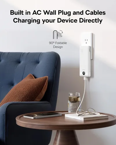Miniatura 2 de VEGER Cargador portátil con enchufe de pared AC, cargador portátil delgado de 10000 mAh con cables incorporados, banco de energía USB C de 15W