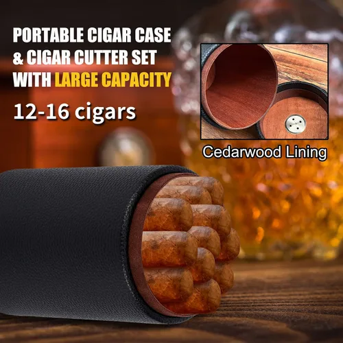 Miniatura 4 de Caja de humidor de cigarros de viaje con cortador de puros y juego de ponchera, forrado de madera de cedro, higrómetro y humidificador, regalos