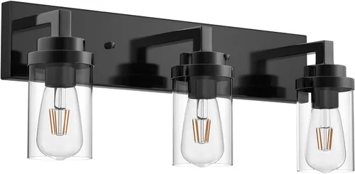MELUCEE Luminarias vintage para baño sobre espejo, 3 luces modernas de tocador con acabado negro, aplique de pared industrial con pantalla de vidrio