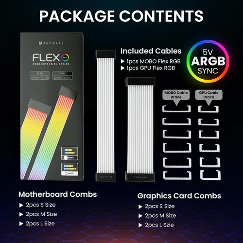Miniatura 4 de TECWARE Kit de cubierta de cable RGB Flex Compatible con placa base de 24 pines y GPU de 8 pines/16 pines Extensión de cable PSU ARGB