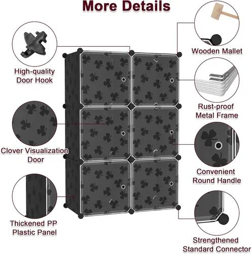 Miniatura 6 de C&AHOME Organizador de almacenamiento en cubos con puertas, estantes de 6 cubos, estantería modular de plástico DIY, estantería de almacenamiento