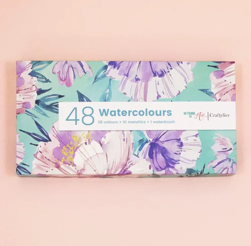 Miniatura 2 de Craftelier - Pastillero de acuarela con surtido de 48 colores + pincel de agua con depósito de agua para caligrafía, letras o medios mixtos y otras