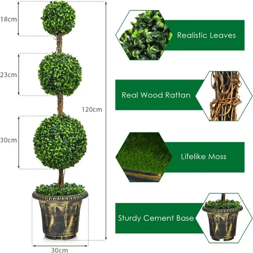 Miniatura 6 de Árbol artificial de boj de 4 pies, bolas triples Topiary en maceta de plástico rellena de cemento, plantas sintéticas para porche delantero, sala