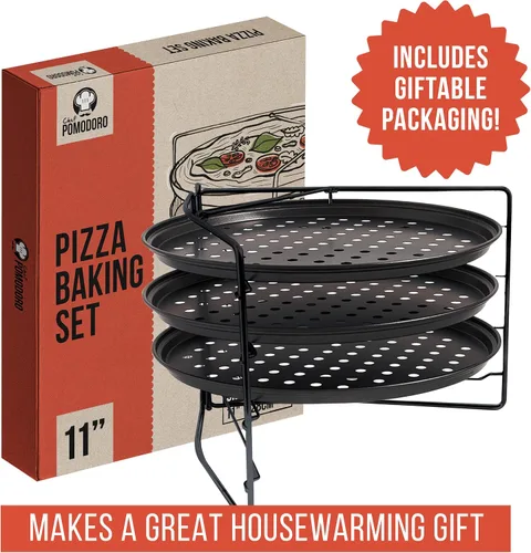 Miniatura 5 de Chef Pomodoro Juego de pizza para hornear con 3 bandejas para pizza y estante para pizza, (sartenes de 11 pulgadas), bandejas perforadas