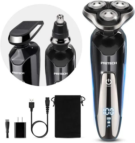 PRITECH - Maquinilla de afeitar eléctrica rotativa para hombre | with Nose & Sideburn trimmers, Wet & Dry Use, Travel Lock, LED Display, IPX6