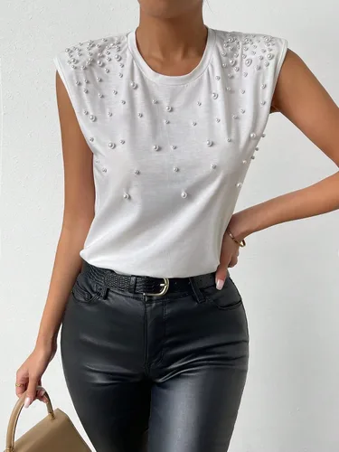 Miniatura 4 de SOLY HUX Camiseta sin mangas con cuentas de perlas para mujer, cuello redondo, camisetas de verano