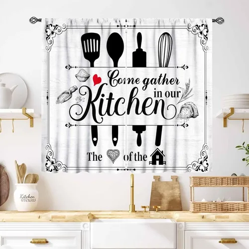 Miniatura 42 de Cortinas Rústicas de Cocina, Tenedor Cuchara Retro Tablón de Madera Granja País Tema de Cocina Citas Divertidas Tratamiento de Ventana