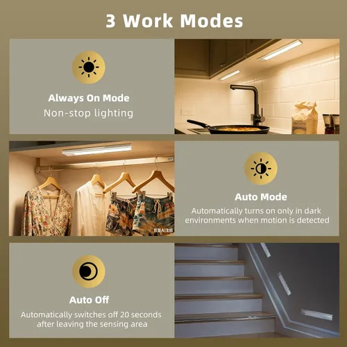 Miniatura 3 de Paquete de 4 luces para debajo del gabinete, luz recargable con sensor de movimiento para interiores, luces magnéticas inalámbricas regulables, 32
