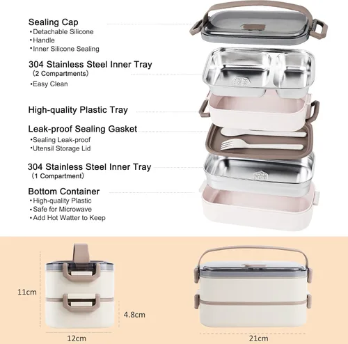 Miniatura 3 de Caja Bento de acero inoxidable para adultos y niños, lonchera japonesa a prueba de fugas, recipientes divididos para alimentos y comidas, juego