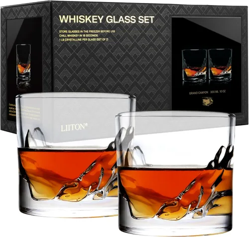 LIITON Grand Canyon - Juego de regalo de 2 vasos de whisky de cristal pesado, vaso de bourbon grueso congelable de 1 libra cada uno, regalos de