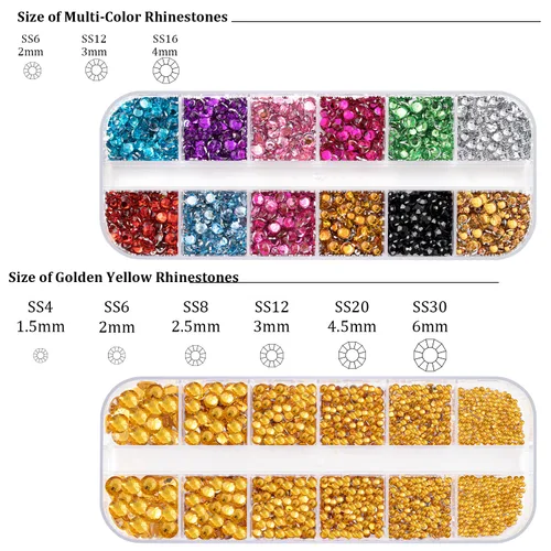 Miniatura 2 de 4520 diamantes de imitación para uñas, de 0.069 a 0.236 pulgadas, coloridos, dorados, con parte trasera plana, redondos, brillantes