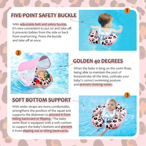 Miniatura 4 de Baby Pool Float, Leopard Toddler Pool Float Baby Float with Canopy, Infant Pool Floats for Kids 6-36 Months(18-33 lbs)