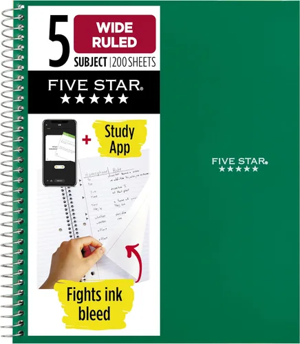 Miniatura 9 de Five Star Cuaderno de espiral + aplicación de estudio, 5 materias, papel a rayas anchas, 8 x 10-1/2 pulgadas, 200 hojas, lucha contra el sangrado