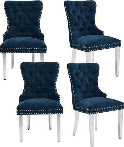 Miniatura 22 de adochr Juego de 2 sillas de comedor de terciopelo, sillas de comedor tapizadas acolchadas con anillo de tracción y patas de acero inoxidable, beige