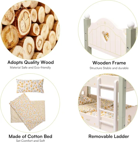 Miniatura 3 de ROBOTIME Litera para Muñeca de Bebé, Cuna de Muñeca de Madera para Muñecas de 18 Pulgadas, Juguete de Muebles para Muñeca American Girl con Ropa