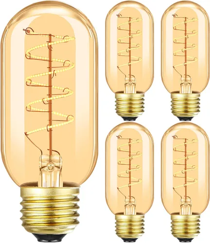Bombilla LED vintage de filamento espiral T14, base E26, 4W equivalente a 40W, blanco cálido, 2200K, regulable, AC120V, 400LM, vidrio ámbar, paquete