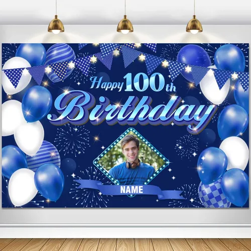 Dicodes Fondo de decoración de feliz cumpleaños número 100 color azul marino personalizado, cartel con purpurina, pancarta, suministros para