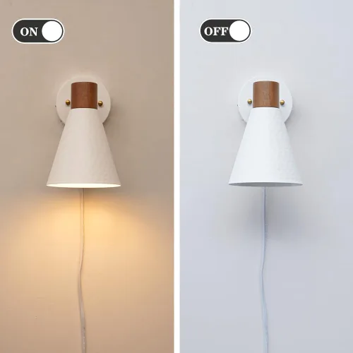 Miniatura 6 de Juego de 2 apliques de pared blancos enchufables, lámpara de pared moderna con cable de enchufe, aplique de madera con pantalla de metal martillado