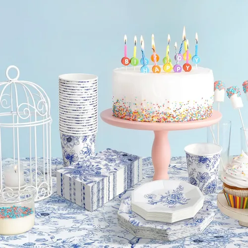 Miniatura 3 de Dandat 402 piezas de juego de vajilla desechable con flores azules para servir a 50 personas, decoración para baby shower, decoración para despedida