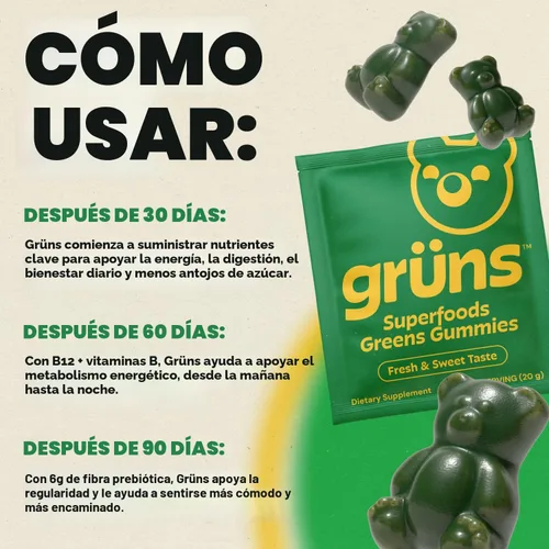 Miniatura 4 de Gruns - Gomitas multivitamínicas Super Greens para adultos, superalimento de vitaminas con espirulina, clorella, fibra prebiótica para la salud
