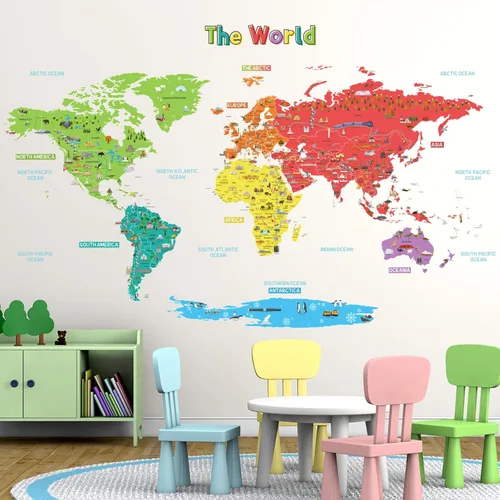 Miniatura 7 de DECOWALL SG-1902s - Calcomanías de pared de mapa del mundo educativo grandes, calcomanías coloridas extraíbles para niños, guardería, dormitorio