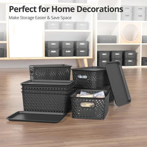 Miniatura 7 de Contenedores de almacenamiento de plástico con tapa, cesta pequeña apilable para organización y contenedores para estantes, cajones, escritorio
