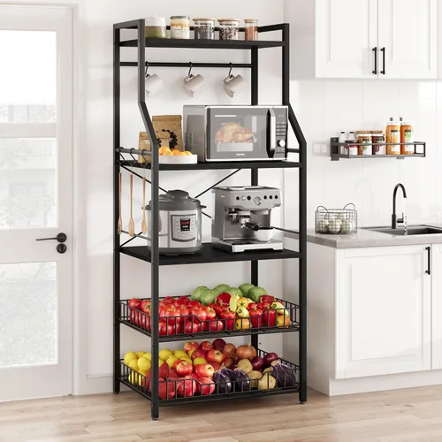 IDEALHOUSE Estante para hornear de cocina, soporte para horno de microondas con 2 cestas grandes de alambre, estación de barra de café industrial,