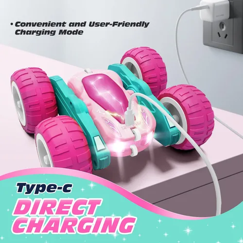 Miniatura 3 de Tecnock - Auto a control remoto rosa para niñas y niños, autos RC de 2.4GHz con carga fácil USB-C, 4WD de doble cara que gira 360° y hace