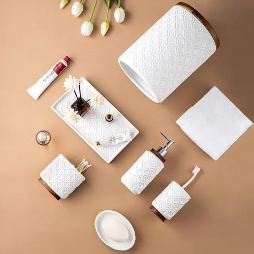 Miniatura 6 de RQYIXI Juego de accesorios de baño, 6 piezas, soporte para cepillos de dientes, dispensador de jabón, juego de baño de cerámica y madera, con bote