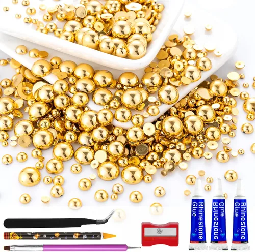 Miniatura 69 de 60g de Perlas Acuamarina Dorada con Diamantes de Imitación para Manualidades Tamaño Mixto 3mm-10mm Color AB Redondas Perlas Medias Planas Conjunto