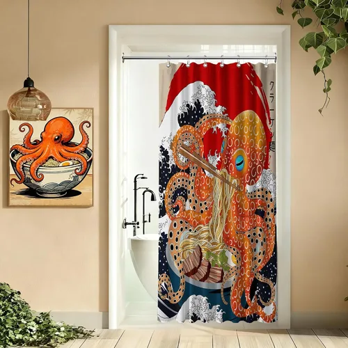 Miniatura 30 de Cortina de ducha estrecha con diseño de gato negro y animé japonés para casa rodante, juegos de decoración de baño, tela impermeable con ganchos, 36