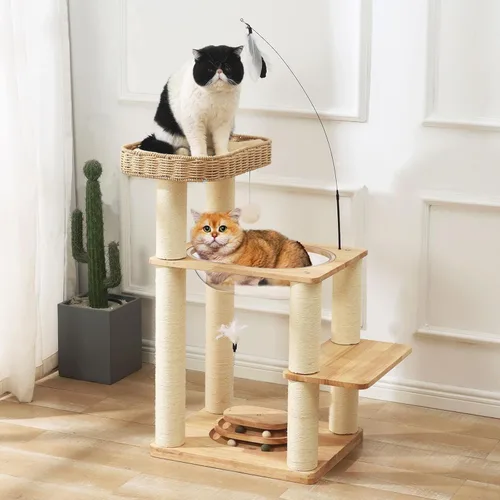 Miniatura 7 de Torre de árbol de madera para gatos con cápsula espacial, nido de cesta tejida a mano, juguete de plumas, bolas colgantes, postes de sisal, escalada