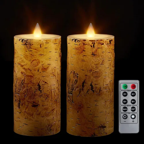 Miniatura 10 de Velas de pilar sin llama de cera de corteza marrón con temporizador remoto, velas LED de llama móvil 3D de hasta 400 horas con 2 pilas AA, juego