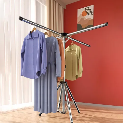 Miniatura 4 de BAOYOUNI Estante de secado de ropa plegable de acero inoxidable, soporte plegable para ropa, altura ajustable con rieles colgantes para balcón