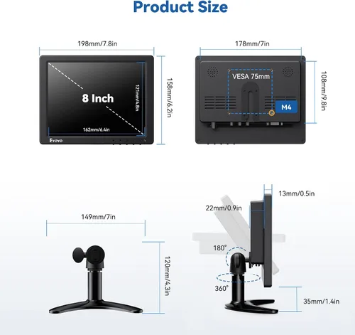 Miniatura 6 de Eyoyo Monitor pequeño de 8 pulgadas, pantalla de cámara de seguridad mini IPS de 1024x768 4:3 con soporte de entrada HDMI VGA AV BNC y control