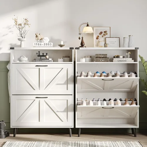 Miniatura 4 de Halitaa - Gabinete para zapatos con 2 cajones abatibles y almacenamiento abierto, gabinete de almacenamiento de zapatos estilo granja para entrada