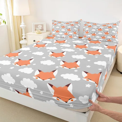 Miniatura 2 de Erosebridal Juego de ropa de cama de zorro para niños, sábana bajera ajustable de zorro de dibujos animados para niños y niñas, decoración