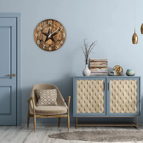 Miniatura 4 de Reloj de pared redondo de madera con estrella de Texas occidental, silencioso a pilas, funciona con pilas, decoración del hogar para sala de estar