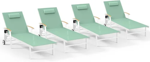 Miniatura 42 de Ciokea Sillón para exteriores con almohada, tumbona de aluminio de 5 posiciones con ruedas y reposabrazos, silla de piscina resistente de 400 libras