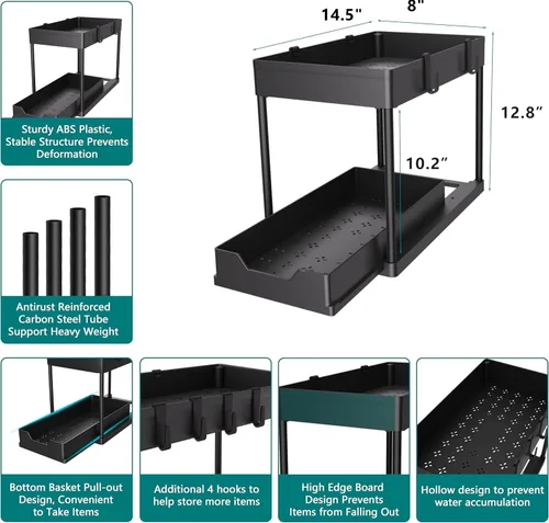 Miniatura 6 de Organizador para debajo del fregadero, paquete de 2, organizador de baño extraíble, organizador de baño y cocina deslizable de 2 niveles